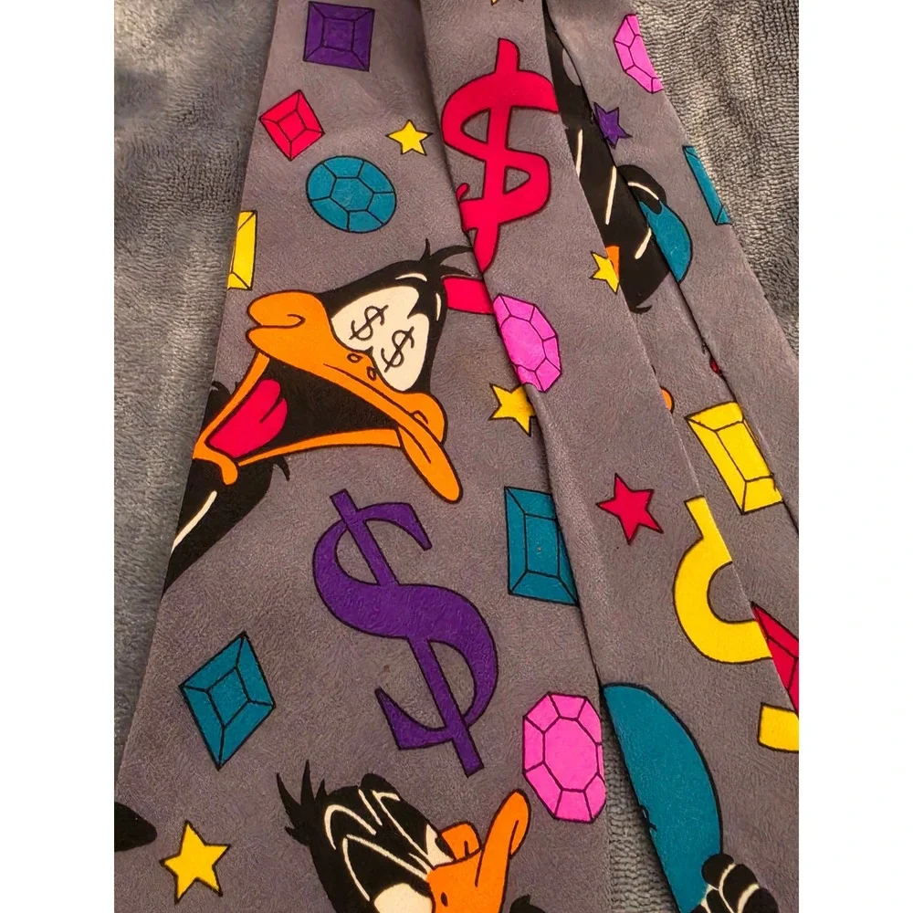 Vintage 1993 Looney Tunes Daffy Duck Money Silk Tie Balancine Grey 90s Cartoon